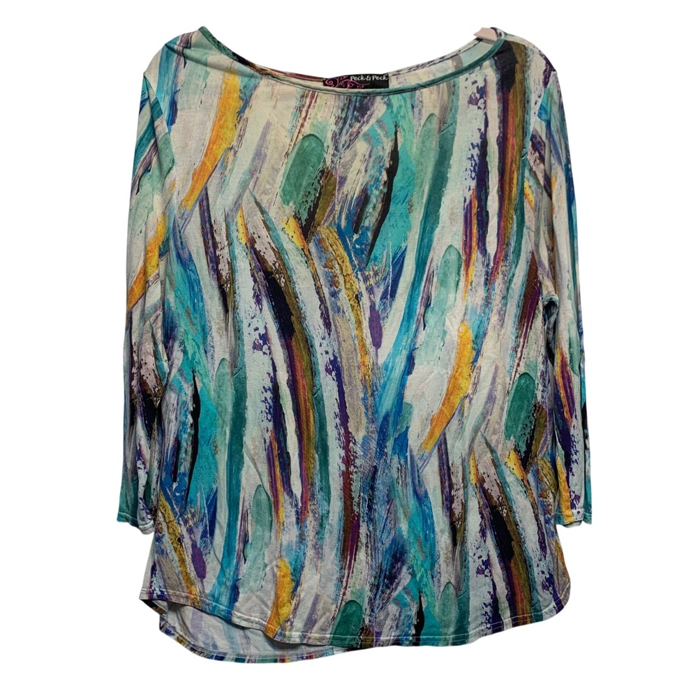 Peck & Peck Abstract Print Top Womens PL Multicolor 3/4 Sleeve‎ Boat Neck Artsy